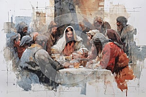 Jesus sits and eats at the table with publicans and sinners. Generative AI.