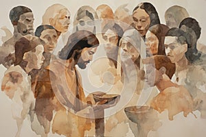 Jesus sits and eats at the table with publicans and sinners. Generative AI.