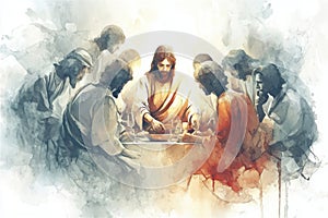 Jesus sits and eats at the table with publicans and sinners. Generative AI.