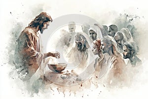 Jesus sits and eats at the table with publicans and sinners. Generative AI.
