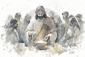 Jesus sits and eats at the table with publicans and sinners. Generative AI.