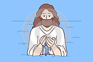 Jesus stands in water and washes face, for concept of second coming god in christian religion