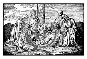 Jesus is Taken Down from the Cross and is Attended by Mary, Joseph of Arimathaea, and Nicodemus vintage illustration photo