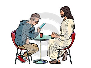 Jesus is waiting for you, savior and busy man at the table. Christianity and religion, preaching and faith photo