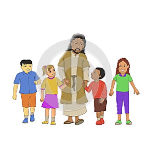 Jesus walking with kids with white background