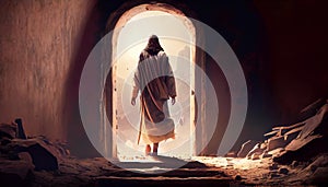 Jesus walking out from the tomb on Easter Sunday. Empty Tomb With Shroud. Resurrection Of Jesus Christ. Ai generative.