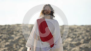 Jesus walking to people, preaching Christian faith in desert, soul salvation