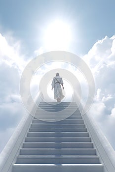 Jesus walking up Stairway podium leading to the heavenly sky towards the glowing end clouds skies landscape. Christian