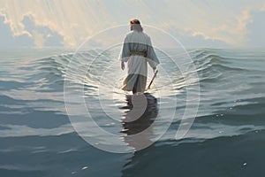 Jesus walking on the water. This artwork portrays the miraculous event from biblical narratives, conveying a sense of divine power