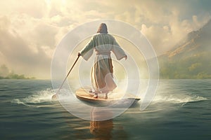 Jesus walking on the water. This artwork portrays the miraculous event from biblical narratives, conveying a sense of divine power