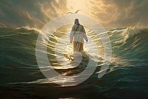 Jesus walking on the water. This artwork portrays the miraculous event from biblical narratives, conveying a sense of divine power