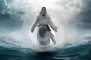 Jesus walking on the water. This artwork portrays the miraculous event from biblical narratives, conveying a sense of divine power