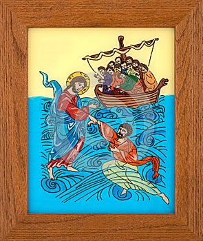 Jesus Walking on Water Reverse Glass Naive Icon