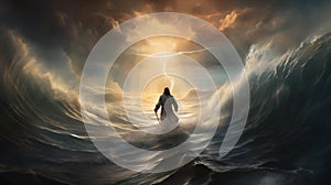 Jesus walking on water towards them, his presence a beacon of hope amidst the stormy sea. Explore the interplay of faith, fear,