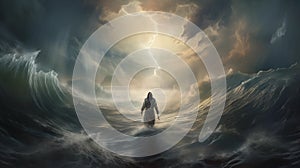 Jesus walking on water towards them, his presence a beacon of hope amidst the stormy sea. Explore the interplay of faith, fear,