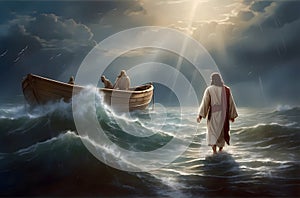 Jesus walks on water across the sea and calms the storm
