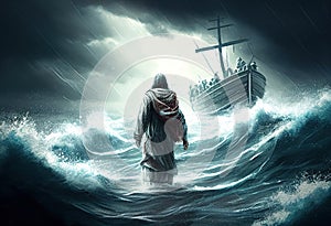 Jesus walks on water across the sea towards a boat illustration. Ai generative