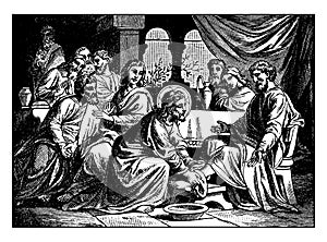 Jesus Washes the Disciples` Feet to Show the Importance of Baptism and Penance vintage illustration