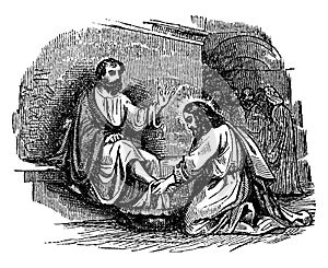 Jesus Washes the Feet of the Simon Peter at the Last Supper vintage illustration
