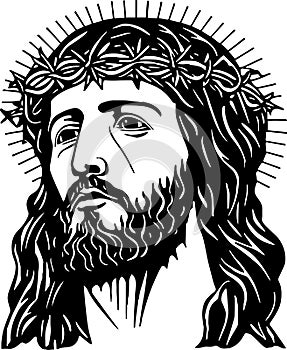 Jesus in a wreath Vector illustration, Head of Jesus Christ wearing a crown of thorns