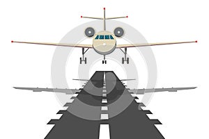 Jet aeroplane on runway. Aircraft takeoff from civil airline to blue sky realistic vector background illustrations.