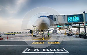 Jet aircraft docked in Airport