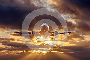 Jet aircraft flying over dramatic sunset dark clouds sky, fastest mode of modern transportation