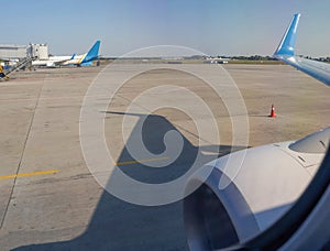 Jet Aircraft Turbine Close-up view in International Airport