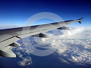 Jet Aircraft Wing, Blue Sky and White Clouds