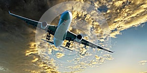 Jet Airliner Flying in an Golden coloured altocumulus cloudy sky