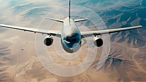 Jet airplane flying above mountaineous terrain