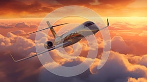 Jet airplane flying throught the clouds during sunset, AI generated