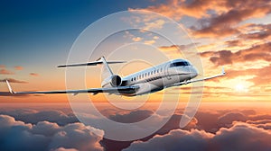 Jet airplane flying throught the clouds during sunset, AI generated