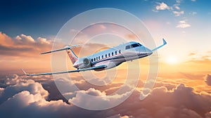 Jet airplane flying throught the clouds during sunset, AI generated