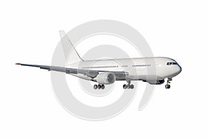 Jet airplane with ready landing gear isolated on white background.