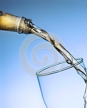 Jet of beer from the bottle into the glass on the blue background