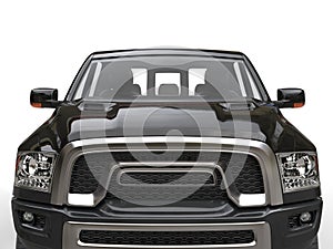 Jet black modern pick-up truck - front view closeup shot