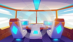 Jet cockpit, empty airplane cabin interior design