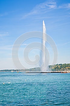 Jet d`Eau, a famous water fountain in Geneva, Switzerland located in Geneva Lake. Symbol of the beautiful Swiss city. Famous