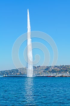 The Jet d`Eau or Water jet fountain, Geneva city landmark, Swit