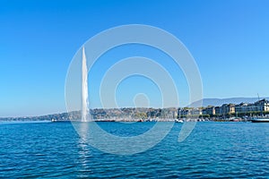 The Jet d`Eau or Water jet fountain, Geneva city landmark, Swit