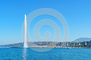 The Jet d`Eau or Water jet fountain, Geneva city landmark, Swit