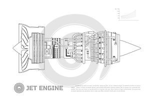 Jet engine of aircraft. Part of the airplane. Side view. Aerospase industrial drawing. Outline image.