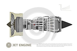 Jet engine of aircraft. Part of the airplane. Side view. Aerospase industrial drawing