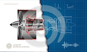 Jet engine of airplane in outline style. Industrial aerospase blueprint. 3d drawing of plane motor. Part of aircraft