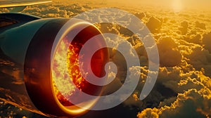A jet engine on fire in the sky above the clouds