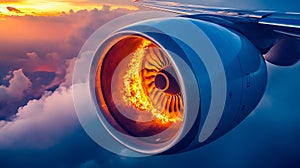 A jet engine flying through the sky with a sunset in the background