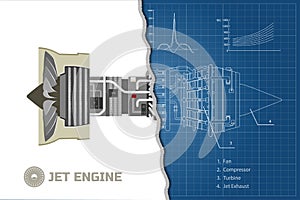 Jet engine in a outline style. Industrial vector blueprint. Part of the aircraft. Side view. Vector illustration