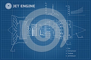 Jet engine in a outline style. Industrial vector blueprint. Part of the aircraft. Side view. Vector illustration