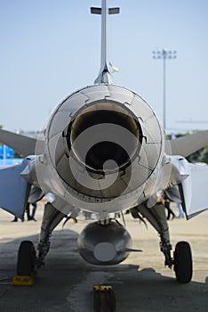 Jet engine turbines of military plane fighter